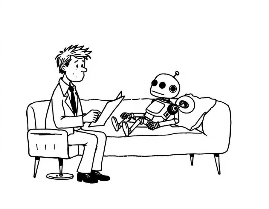 A therapist and a distressed server rack on a low couch; a potted palm tilts sympathetically.